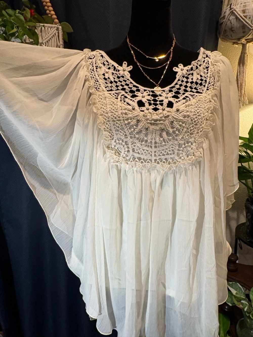 2-Piece Style & Co. Cream Crochet Yoke Flowy Tunic With Cami Large - Picture 2 of 16